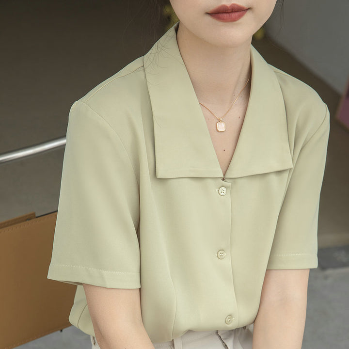 Damen Kurzarmbluse mit modernem Kragen und elegantem Knopfdesign Drune