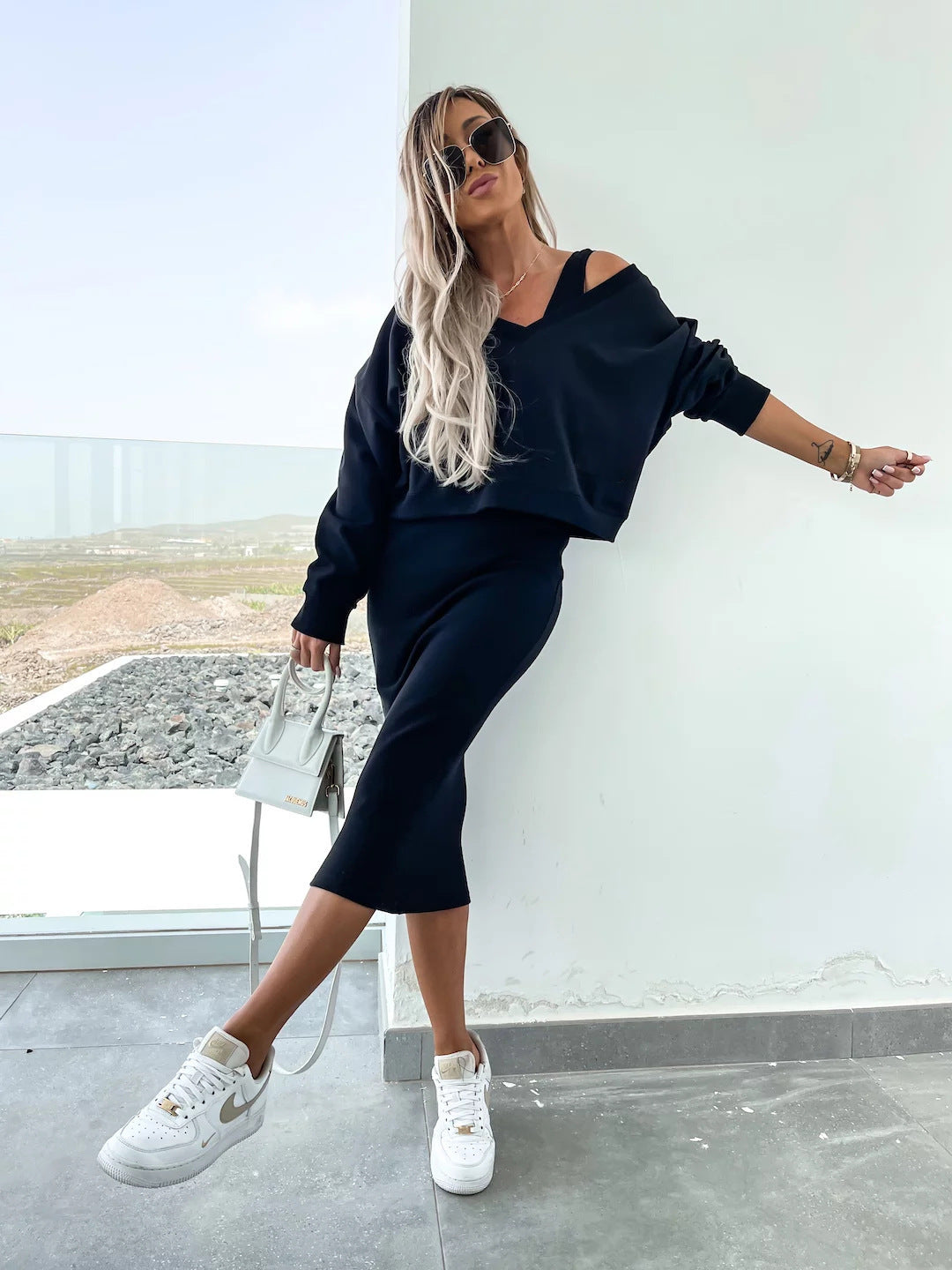 Damen nan zweiteiliges Midirock-Set mit off-shoulder Oversize-Sweatshirt und figurbetontem Bleistiftrock Drune