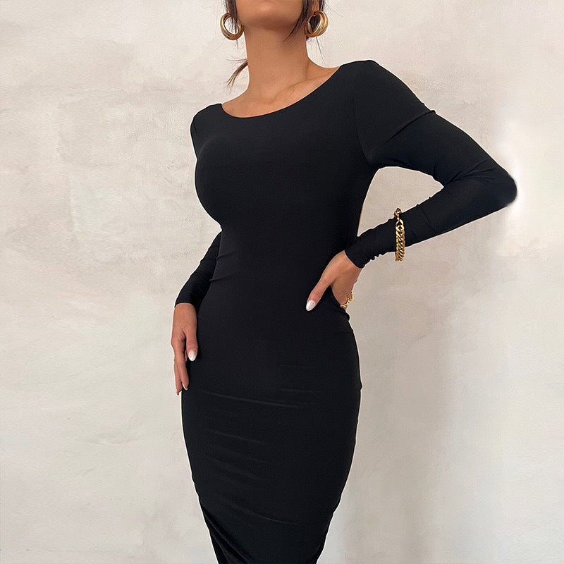 Damen Elegantes figurbetontes Maxikleid mit langen Ärmeln und Rundhalsausschnitt Drune
