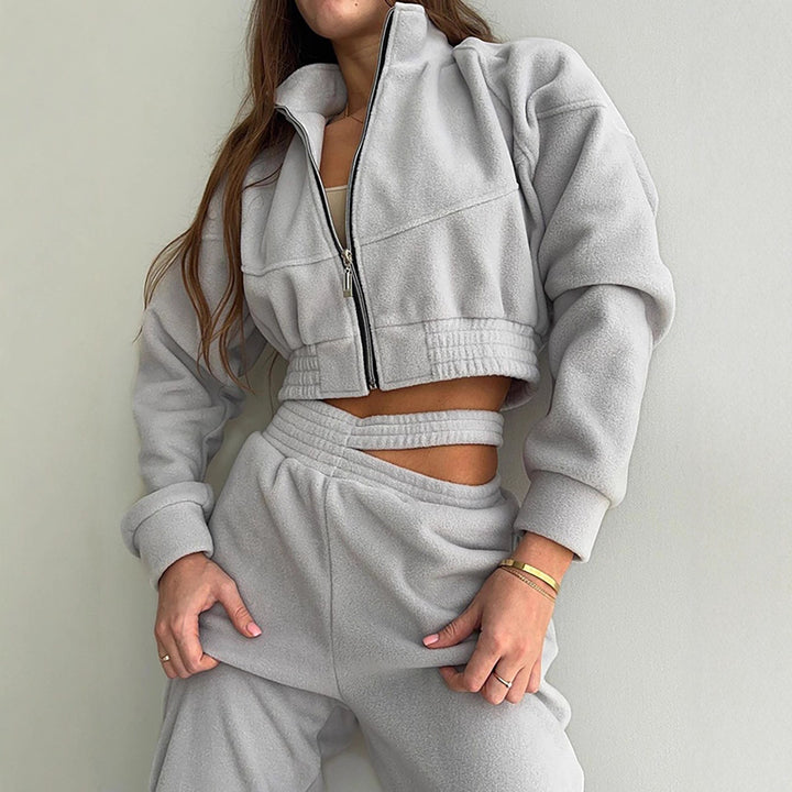 Damen Sportfreizeitanzug mit Cropped Jacke und elastischem Bund Drune