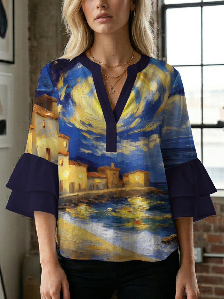 Damen lässige Bluse mit Volantärmeln und botanischem Druck Drune