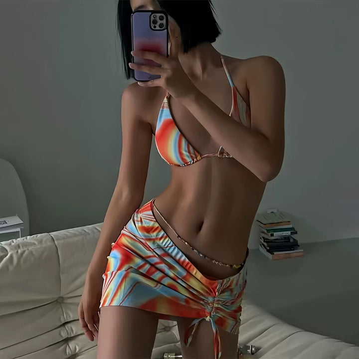 Damen Bikini-Set mit farbenfrohem Wellenmuster und verstellbarem Höschen Drune