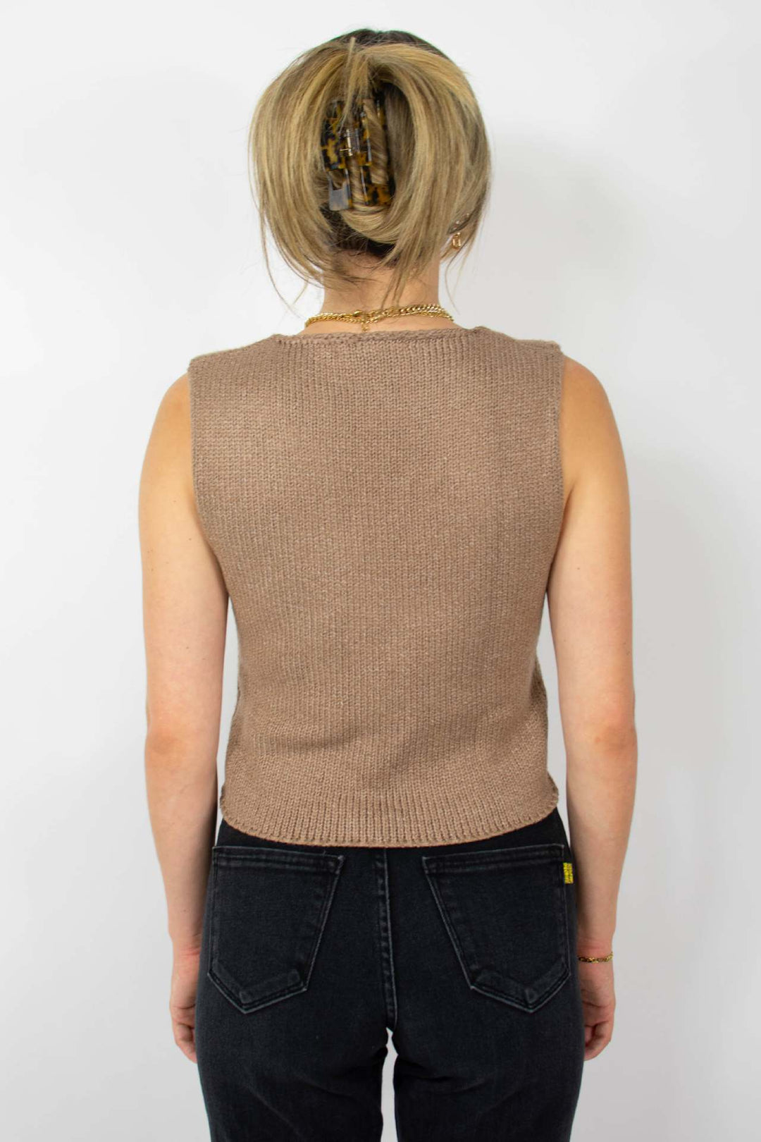 Damen gestricktes Crop-Top mit schickem V-Ausschnitt und dekorativem Schlüsselverschluss Drune