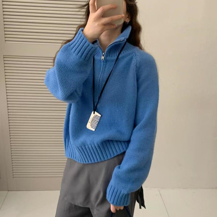 Damen Modischer Strickpullover mit hohem Kragen und Reißverschluss Drune