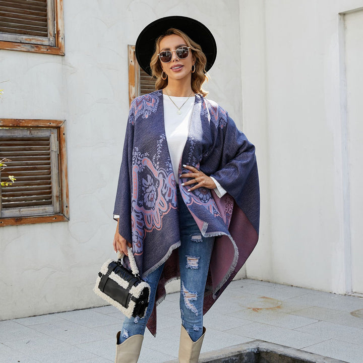 Damen Eleganter Kimono-Poncho mit kunstvollem Muster und fransigen Kanten Drune