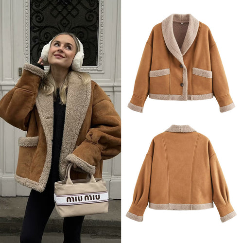Damen kuscheliger Schnittjacke mit Teddyfelldetails Drune
