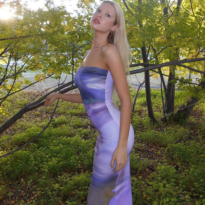 Damen Maxi Kleid mit schulterfreiem Design und fließendem Stoff Drune