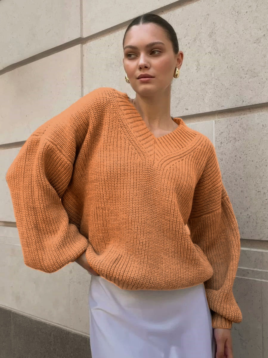 Damen V-Ausschnitt Strickpullover mit voluminösen Ärmeln und strukturierter Oberfläche Drune
