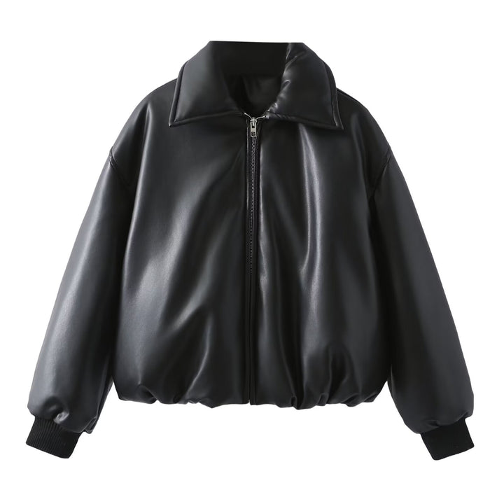 Damen Steppjacke aus Kunstleder mit hohem Kragen und elastischem Bündchen Drune