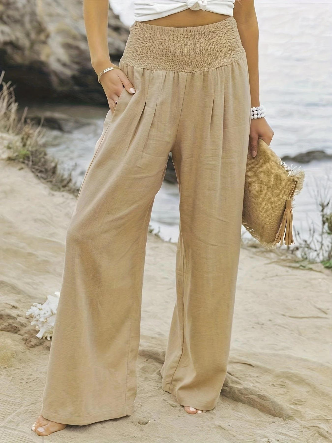 Damen Weite Leinenhose mit elastischem Bund und praktischen Taschen Drune