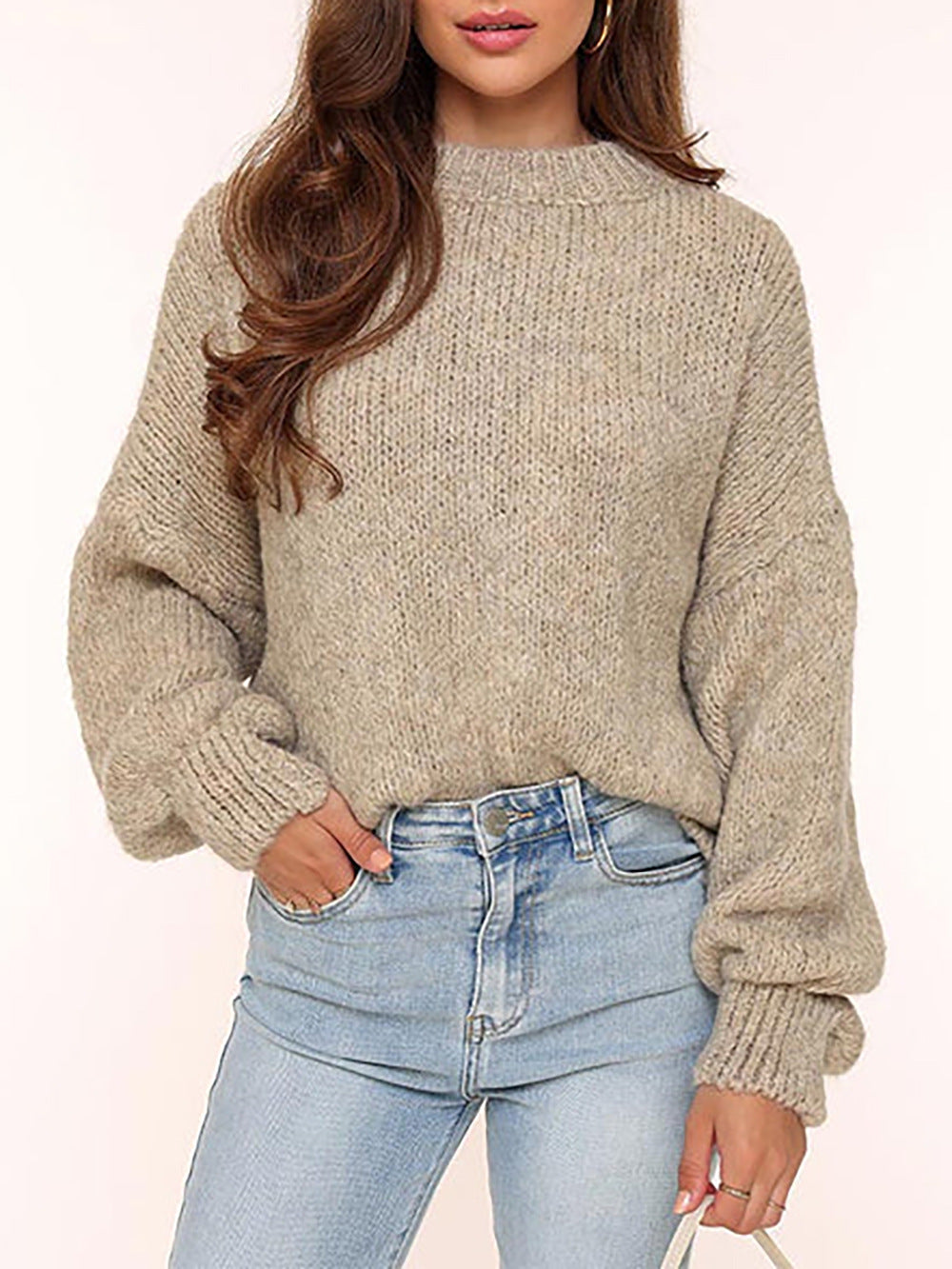 Damen lässiger Strickpullover mit voluminösen Ärmeln und modernem Design Drune