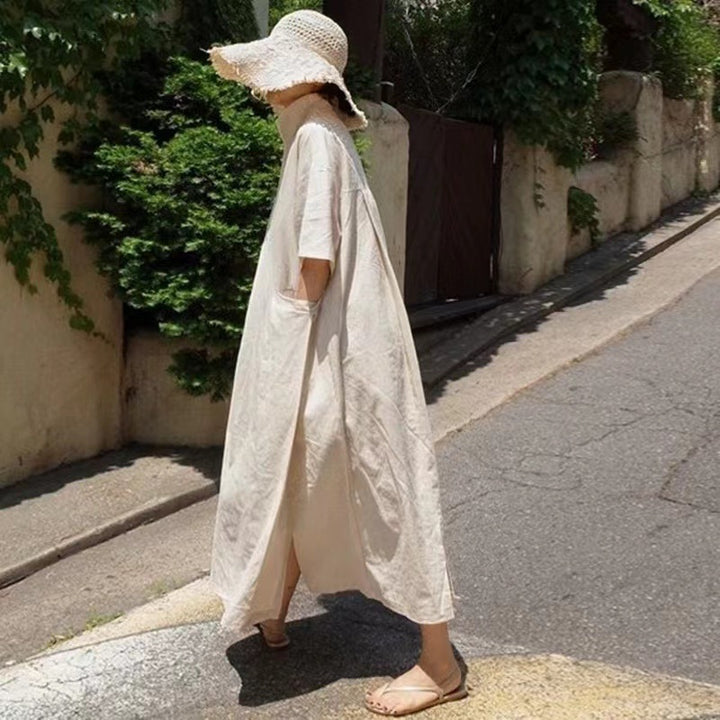 Damen Langarm-Wickelkleid aus Leinen mit bindbarem Taillenzug Drune