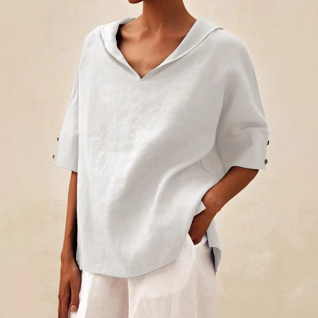 Damen lässige Leinenbluse mit Kapuze und kurzen Ärmeln Drune
