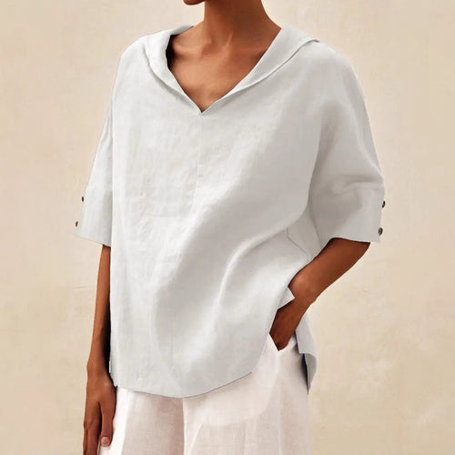 Damen lässige Leinenbluse mit Kapuze und kurzen Ärmeln Drune