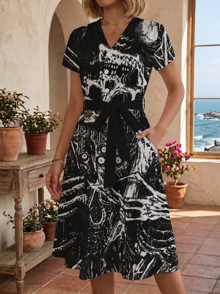 Damen Blühendes Midikleid mit taillierbarem Gürtel und kunstvollem Print Drune