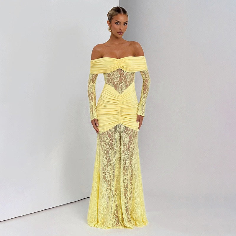 Damen Elegantes Langarm-Spitzenkleid mit Raffungen und schulterfreiem Design Drune