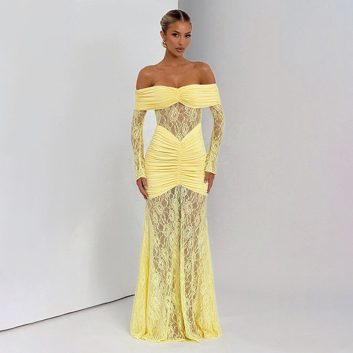 Damen Elegantes Langarm-Spitzenkleid mit Raffungen und schulterfreiem Design Drune