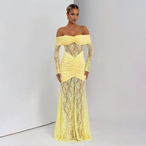 Damen Elegantes Langarm-Spitzenkleid mit Raffungen und schulterfreiem Design Drune