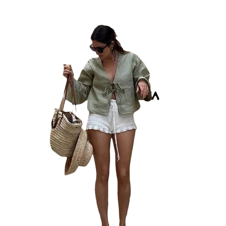 Damen kurzärmlige Jacke mit lässigem Bindegürtel Drune
