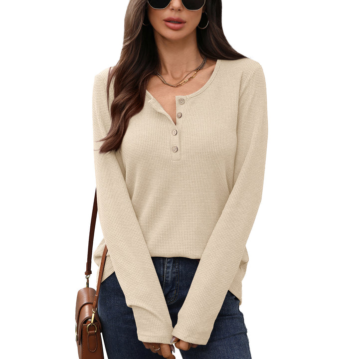 Damen Waffelstrick Langarmshirt mit Knopfleiste Drune