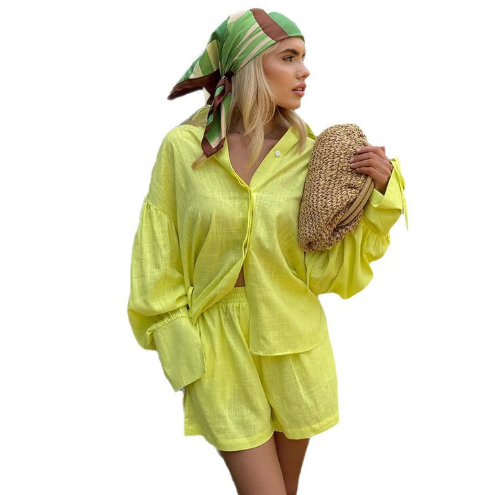 Damen Leichte Leinen-Loungewear-Kombination mit lässiger Short und oversized Hemd Drune