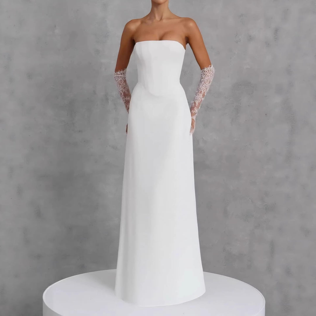 Damen Elegantes Hochzeitskleid mit schulterfreiem Design und Spitzenärmeln Drune