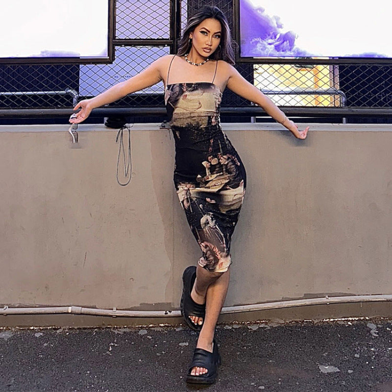 Damen Figurbetontes Spaghettiträgerkleid mit floralem Muster und tailliertem Schnitt Drune