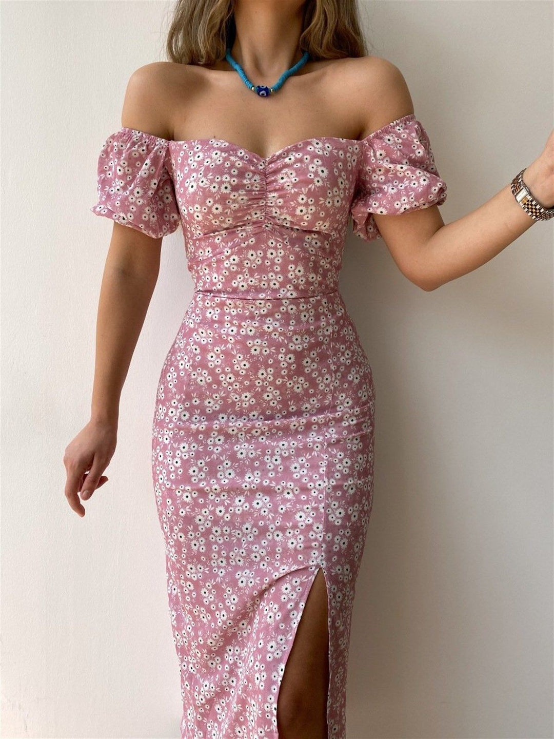 Damen Figurbetontes Maxikleid mit Blumenmuster und schulterfreiem Design Drune