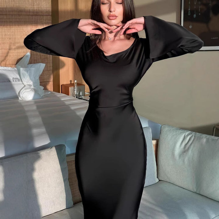 Damen elegantes langärmliges Satin-Maxi-Kleid mit weiten Ärmeln Drune