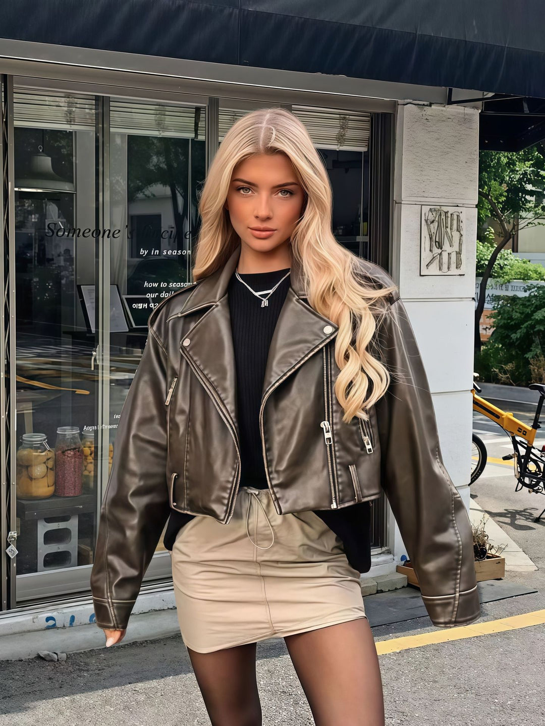 Damen cropped Kunstlederjacke mit asymmetrischem Reißverschluss und weichem Innenfutter Drune