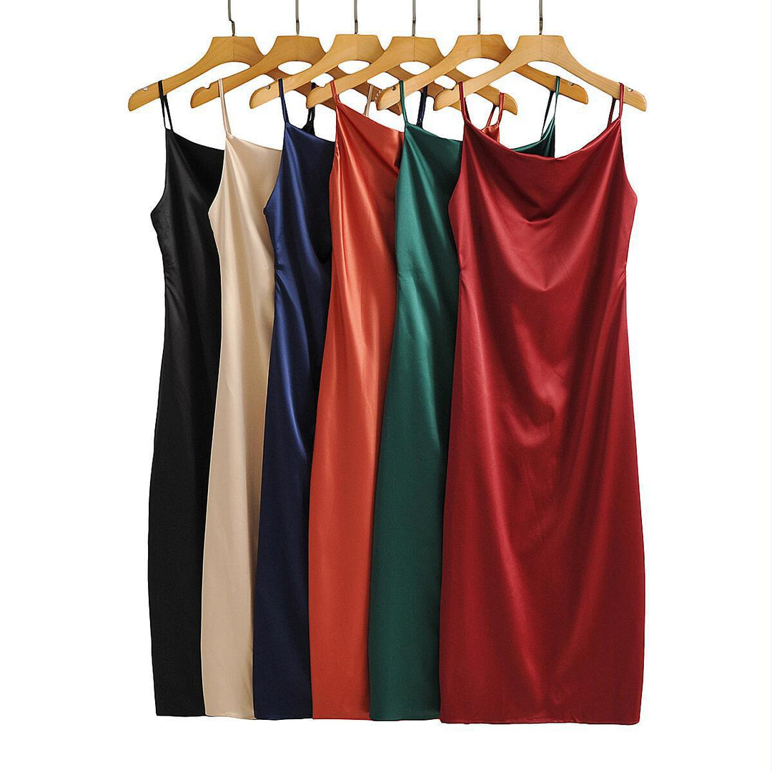 Damen Satin-Midikleid mit verführerischem V-Ausschnitt und Spaghettiträgern Drune