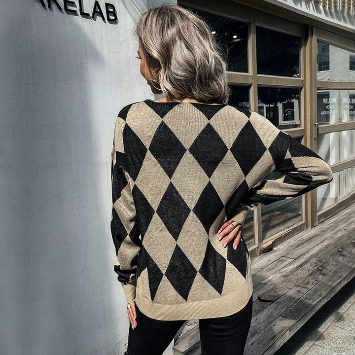 Damen Strickpullover mit modernem Rautenmuster und hohem Kragen Drune