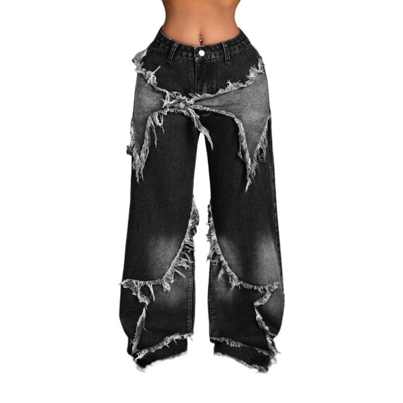 Damen Weite Jeans im modernen Destroyed-Look mit fransigen Details Drune