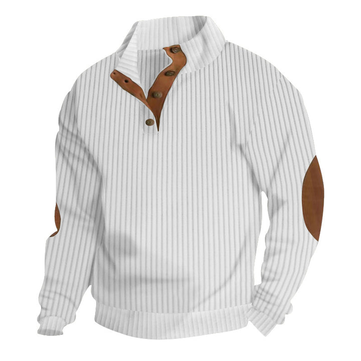 Herren nan strukturierter Ripp-Pullover mit kurzem Knopfkragen und Wildleder-Ellbogenpatches Drune