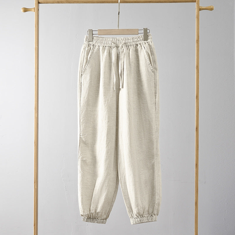 Damen lässige Leinenhose mit elastischem Bund und seitlichen Taschen Drune
