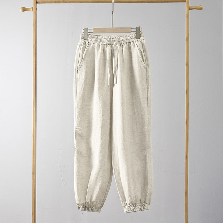 Damen lässige Leinenhose mit elastischem Bund und seitlichen Taschen Drune