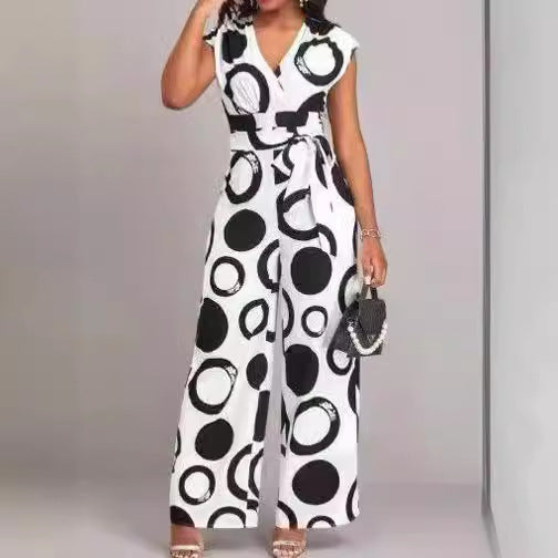 Damen Jumpsuit mit modernem Kreismuster und Gürtel Drune