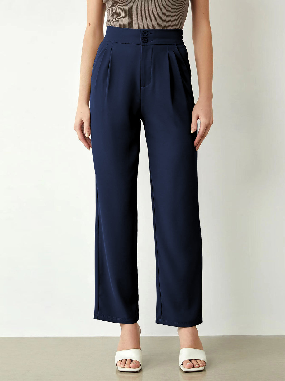 Damen elegante weite Stoffhose mit Bundfalten und hohem Taillenbündchen Drune