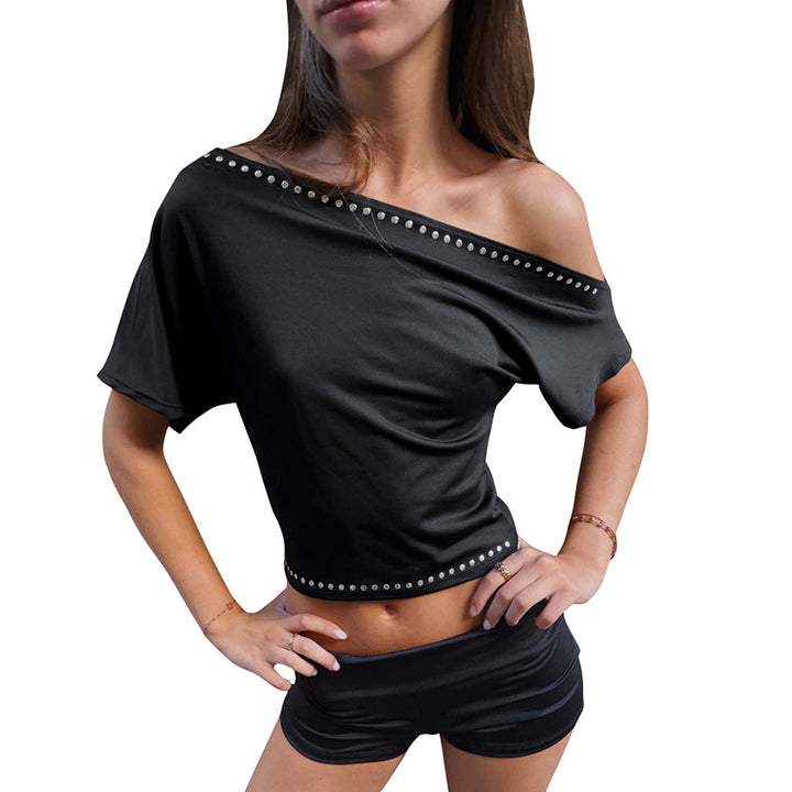 Damen asymmetrisches Crop-Top mit weich fließendem Stoff und dekorativem Nietenbesatz Drune