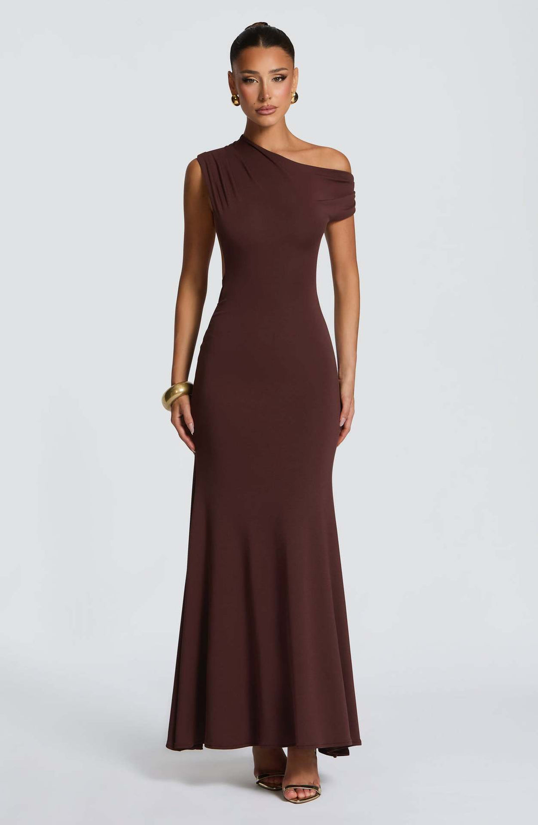 Damen Elegantes asymmetrisches Maxikleid mit schulterfreiem Design Drune