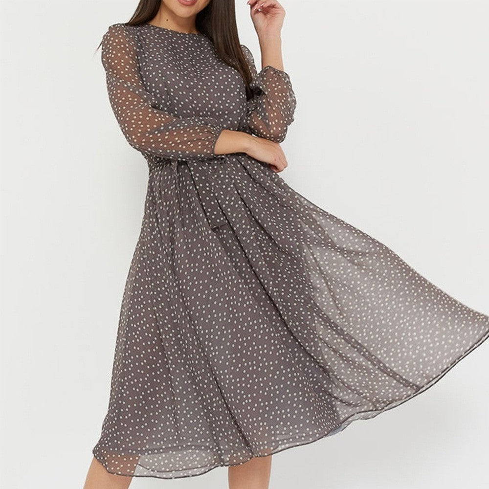 Damen Chiffonkleid mit transparenten Ärmeln und tailliertem Bindegürtel Drune
