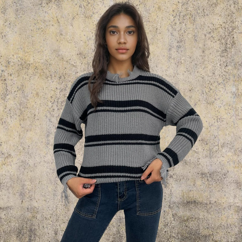 Damen Oversized Strickpullover mit trendigem Streifenmuster und Fransendetails Drune