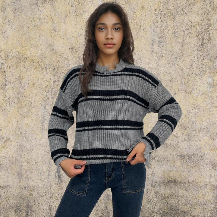 Damen Oversized Strickpullover mit trendigem Streifenmuster und Fransendetails Drune