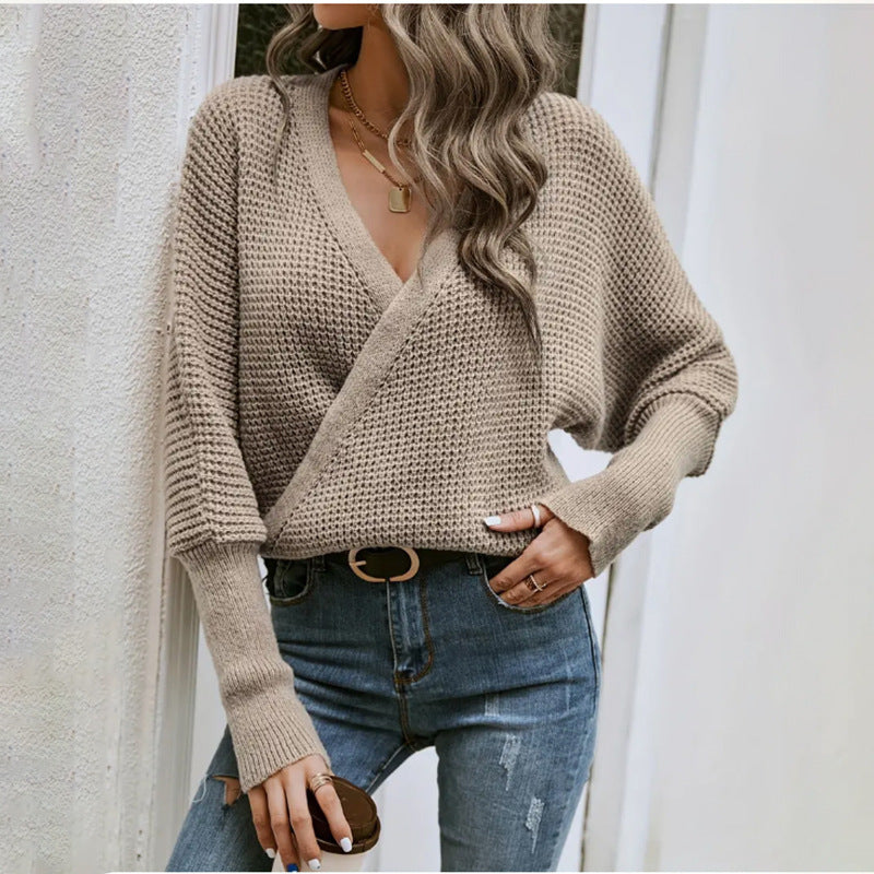 Damen lässiger Strickpullover mit gekreuztem Design und V-Ausschnitt Drune