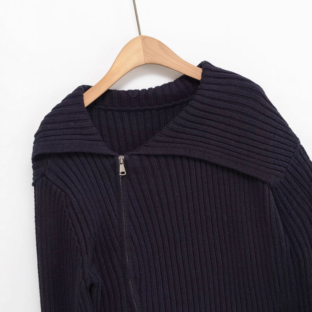 Damen Rippenstrickjacke mit großem Kragen und asymmetrischem Reißverschluss Drune
