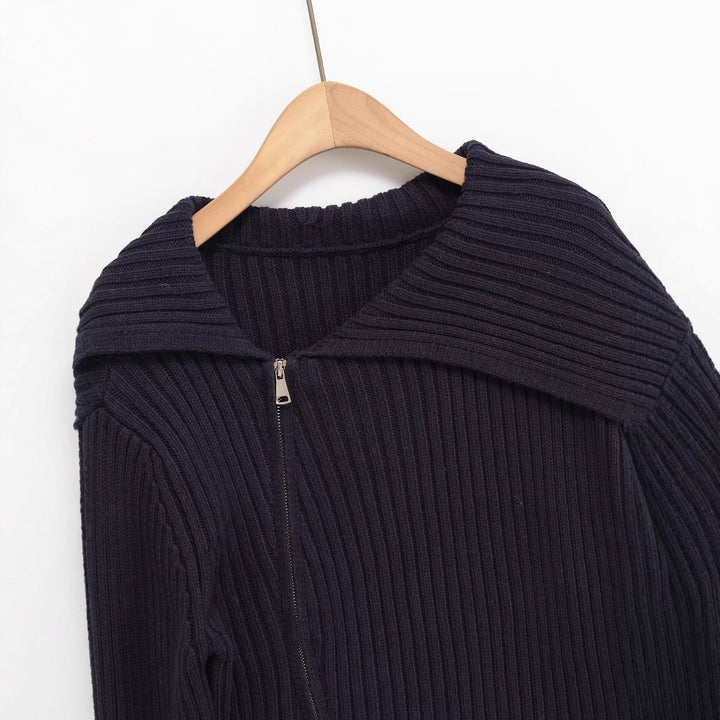 Damen Rippenstrickjacke mit großem Kragen und asymmetrischem Reißverschluss Drune