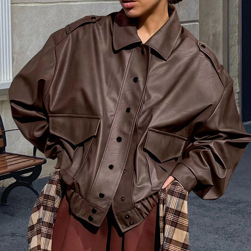 Damen Oversized Kunstlederjacke mit dekorativen Taschen und modischer Schnürung Drune