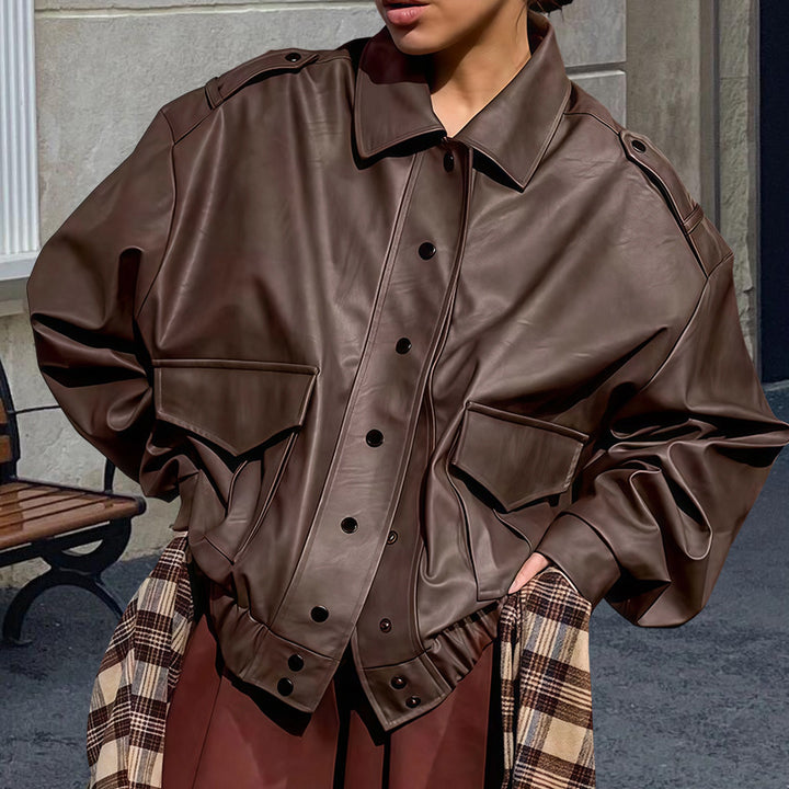 Damen Oversized Kunstlederjacke mit dekorativen Taschen und modischer Schnürung Drune