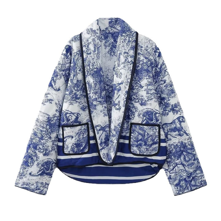 Damen Elegante Steppjacke mit traditionellem Muster und breitem Revers Drune
