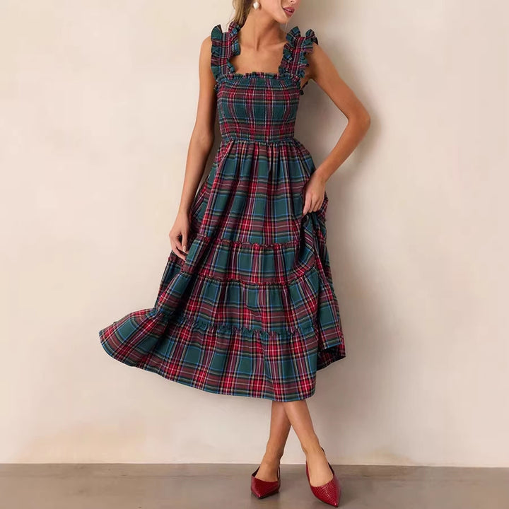 Damen Maxikleid mit voluminösen Rüschendetails und klassischen Karo-Muster Drune